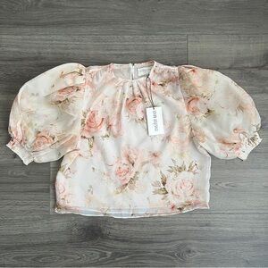 DIVINE HERITAGE 100% Silk Puff Sleeve Blouse XS Pink Vintage Floral Cottagecore